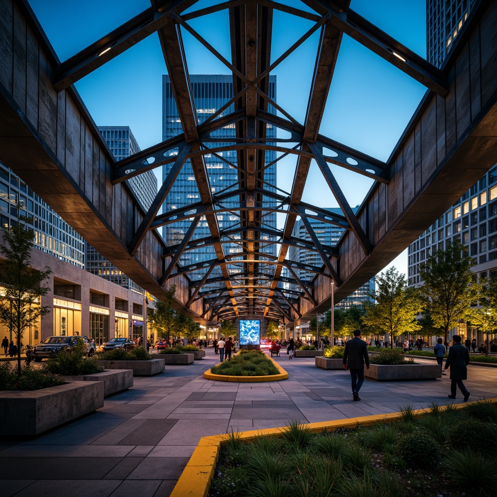 Prompt: Urban bridge, steel arches, modern infrastructure, cityscape views, pedestrian walkways, vehicular traffic lanes, safety railings, LED lighting systems, urban revitalization, public art installations, waterfront promenades, green roofs, native plant species, natural stone pavers, weathered metal accents, dynamic diagonal composition, high-contrast color scheme, dramatic nighttime illumination, 1/2 camera angle, cinematic depth of field.