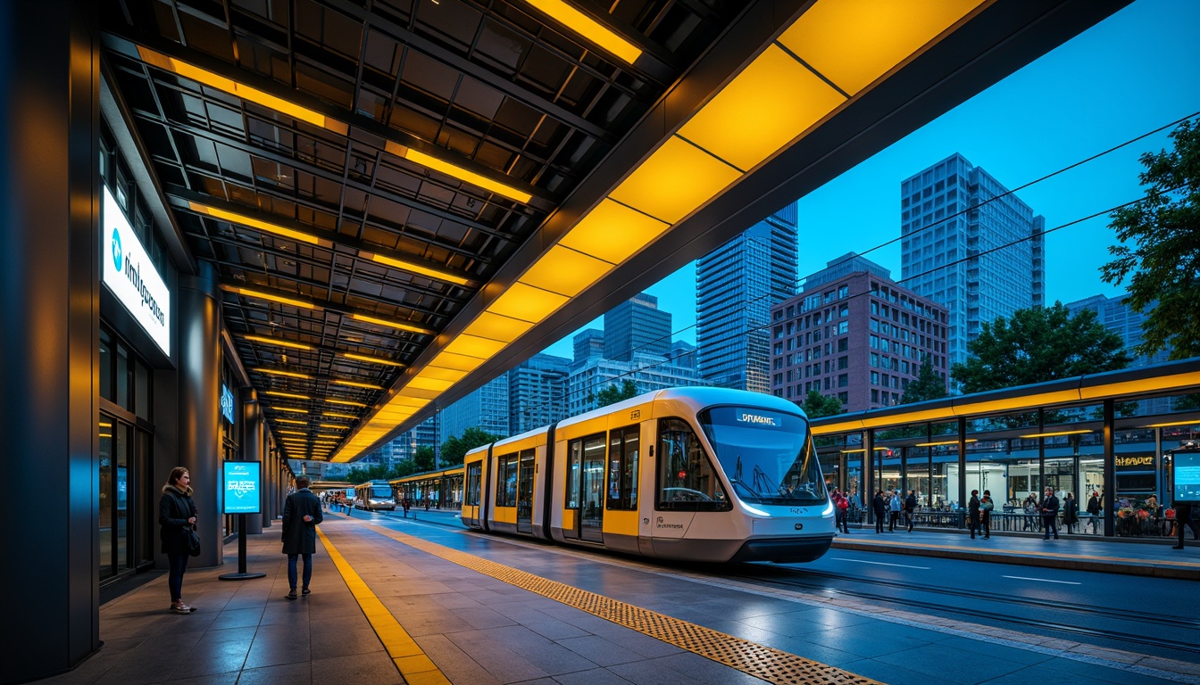 Prompt: Vibrant tram station, modern architecture, sleek metal framework, large glass windows, bright LED lights, bold color scheme, urban cityscape, bustling atmosphere, industrial materials, polished concrete floors, stainless steel beams, dynamic diagonal lines, futuristic feel, electric blue accents, warm yellow lighting, dark grey tones, subtle gradient effects, high-contrast visuals, dramatic shadows, cinematic mood, 1/2 composition, low-angle shot, soft focus blur.