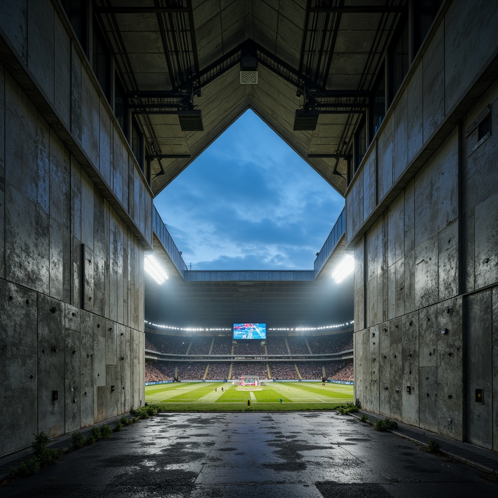 Prompt: Rugged soccer stadium, brutalist architecture, concrete facade, raw textured walls, industrial metal beams, exposed ductwork, bold geometric forms, angular lines, monumental scale, dramatic floodlights, intense evening atmosphere, sharp shadows, high-contrast lighting, 1/1 composition, symmetrical framing, realistic weathering effects, ambient occlusion.