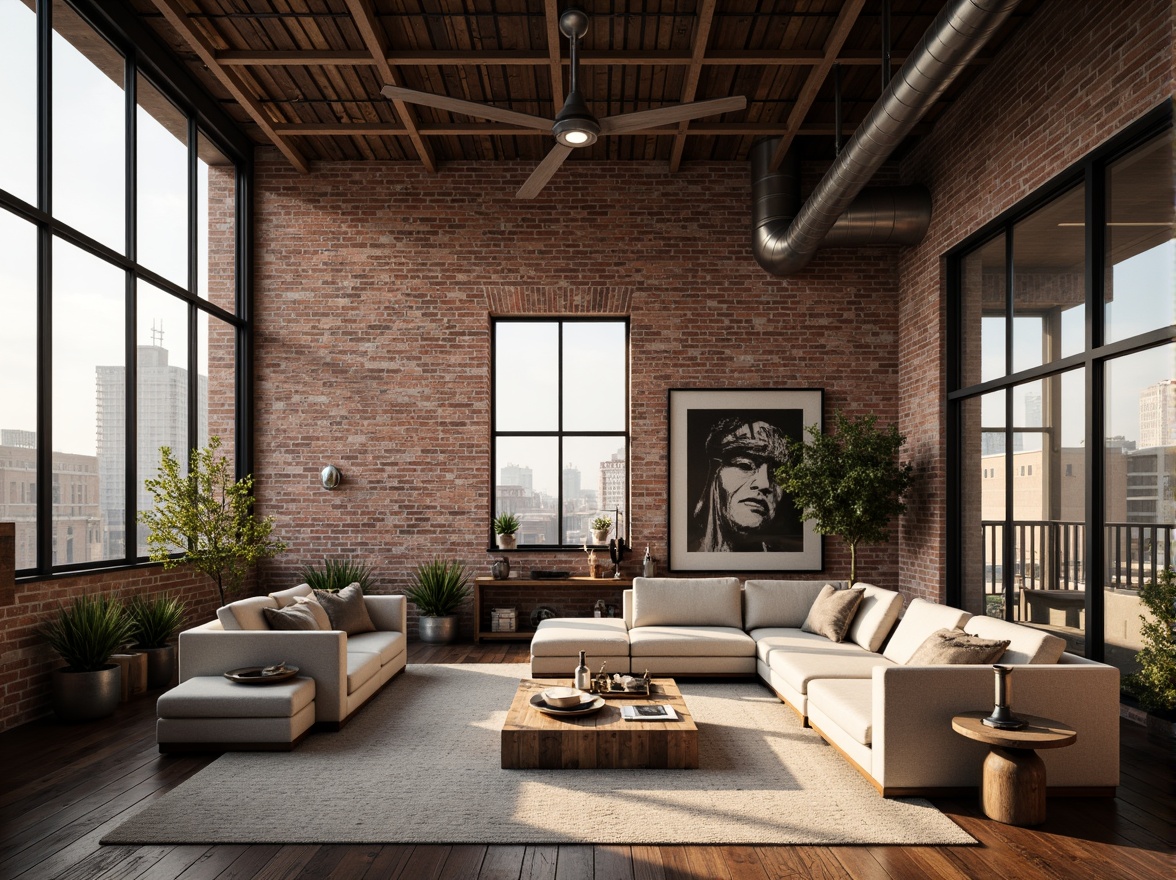 Prompt: Exposed brick walls, industrial metal beams, reclaimed wood accents, distressed finishes, urban rooftop setting, cityscape views, modern loft interior, open-plan living area, minimalist decor, industrial chic atmosphere, warm natural lighting, rustic wooden floors, steel windows, black metal railings, exposed ductwork, vintage decorative elements, eclectic art pieces, cozy reading nooks, functional minimalist furniture, natural textiles, earthy color palette, soft warm glow, shallow depth of field, 2/3 composition, realistic textures, ambient occlusion.