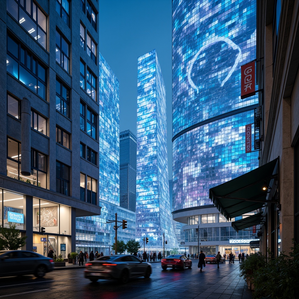 Prompt: Transparent glass facades, iridescent materials, holographic projections, neon-lit cityscapes, futuristic skyscrapers, curved architectural lines, parametric design, algorithmic patterns, 3D printed structures, LED installations, misty atmosphere, shallow depth of field, high-contrast lighting, abstract reflections, dreamlike ambiance, avant-garde aesthetics, cyberpunk influences, virtual reality integration, augmented reality experiences.