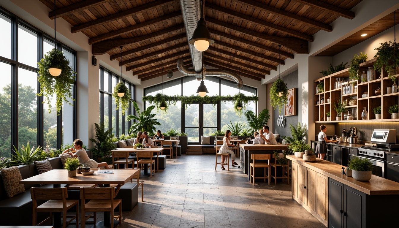 Prompt: Cozy coffee shop interior, unique roof structure, wooden beams, exposed ductwork, industrial chic decor, reclaimed wood accents, modern minimalist furniture, earthy tone color palette, natural stone flooring, lush greenery, hanging plants, warm ambient lighting, softbox lighting, 1/1 composition, shallow depth of field, realistic textures, ambient occlusion.