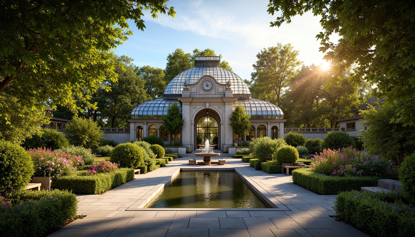 Prompt: Luxuriant greenhouse, Renaissance-style stone fa\u00e7ade, ornate metal gates, lush greenery, vibrant flowers, climbing vines, tranquil water features, natural stone pathways, rustic wooden benches, elegant fountain, soft warm lighting, shallow depth of field, 3/4 composition, panoramic view, realistic textures, ambient occlusion, symmetrical garden layout, formal hedge rows, intricately designed topiaries, classical sculptures, meandering walking trails, serene ambiance, warm sunny day.