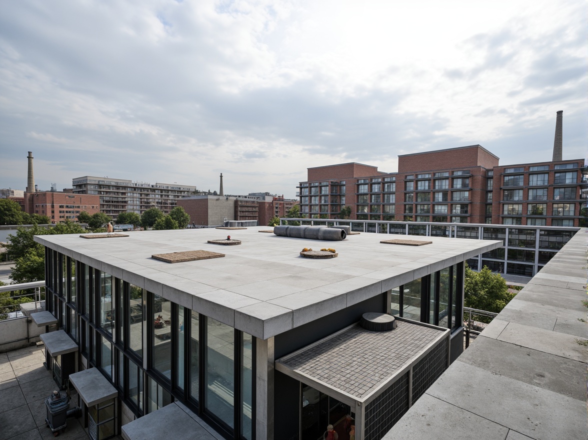 Prompt: Flat rooftop, industrial materials, exposed ductwork, minimalist decorations, rectangular shapes, clean lines, functional simplicity, urban landscape, cloudy sky, soft diffused lighting, shallow depth of field, 2/3 composition, realistic textures, ambient occlusion, modernist architecture, steel beams, concrete slabs, glass bricks, cantilevered structures, asymmetrical facades, functional balconies, metal railings, industrial-chic aesthetic.