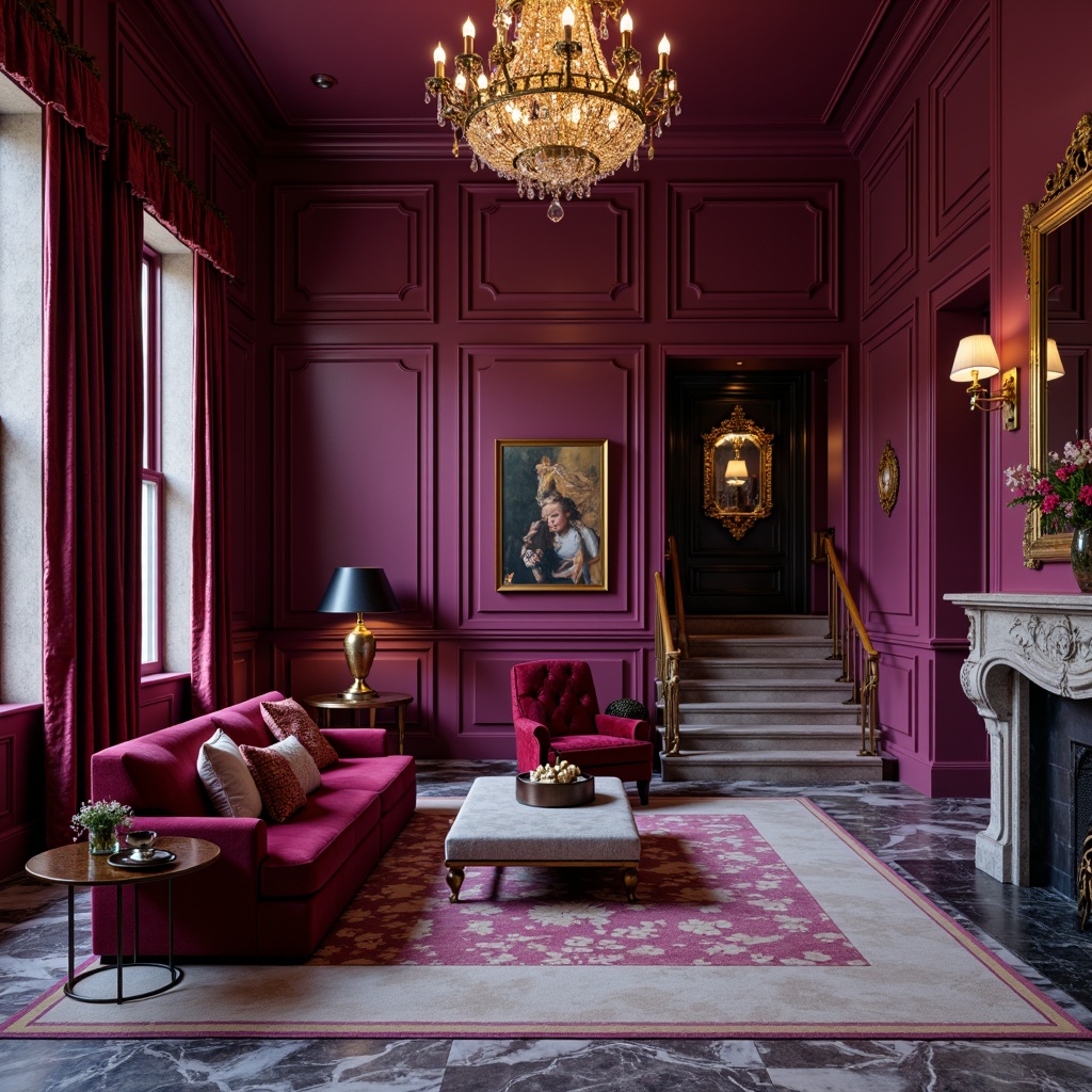 Prompt: Vibrant plum accent walls, rich berry-hued furniture, luxurious velvet fabrics, ornate golden fixtures, lavish crystal chandeliers, opulent marble floors, bold geometric patterns, dramatic high ceilings, warm atmospheric lighting, 1/2 composition, shallow depth of field, soft focus blur, cinematic color grading.