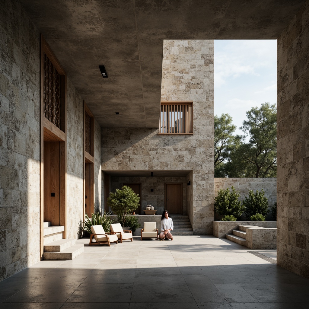 Prompt: Rugged villa facade, brutalist architecture, rough-hewn stone walls, textured concrete surfaces, geometric patterned windows, industrial metal accents, minimalist interior design, exposed ductwork, polished concrete floors, natural light pouring in, dramatic shadows, low-angle shot, cinematic lighting, high contrast ratio, 1/1 composition, shallow depth of field, abstract geometric shapes, organic natural forms.