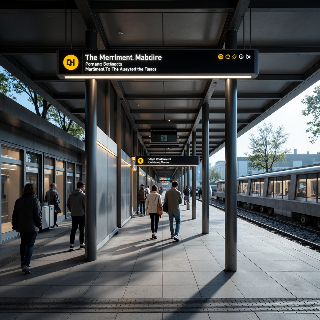 Prompt: Modern metro station, sleek signage, minimalist design, clean lines, bold typography, bright LED lights, stainless steel frames, glass panels, urban landscape, morning commute, natural stone floors, simple wayfinding system, intuitive navigation, futuristic architecture, subtle branding elements, geometric patterns, calm atmosphere, soft ambient lighting, shallow depth of field, 3/4 composition, realistic textures.