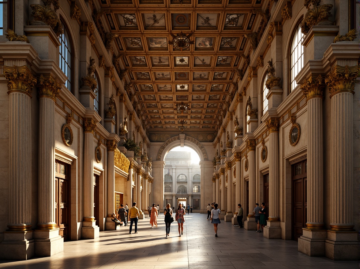 Prompt: Intricate stone carvings, ornate facades, grandiose entrances, lavish frescoes, ornamental statues, gilded accents, intricate wooden paneling, majestic columns, rusticated bases, classical arches, symmetrical compositions, warm golden lighting, soft focus, shallow depth of field, 2/3 composition, realistic textures, ambient occlusion.