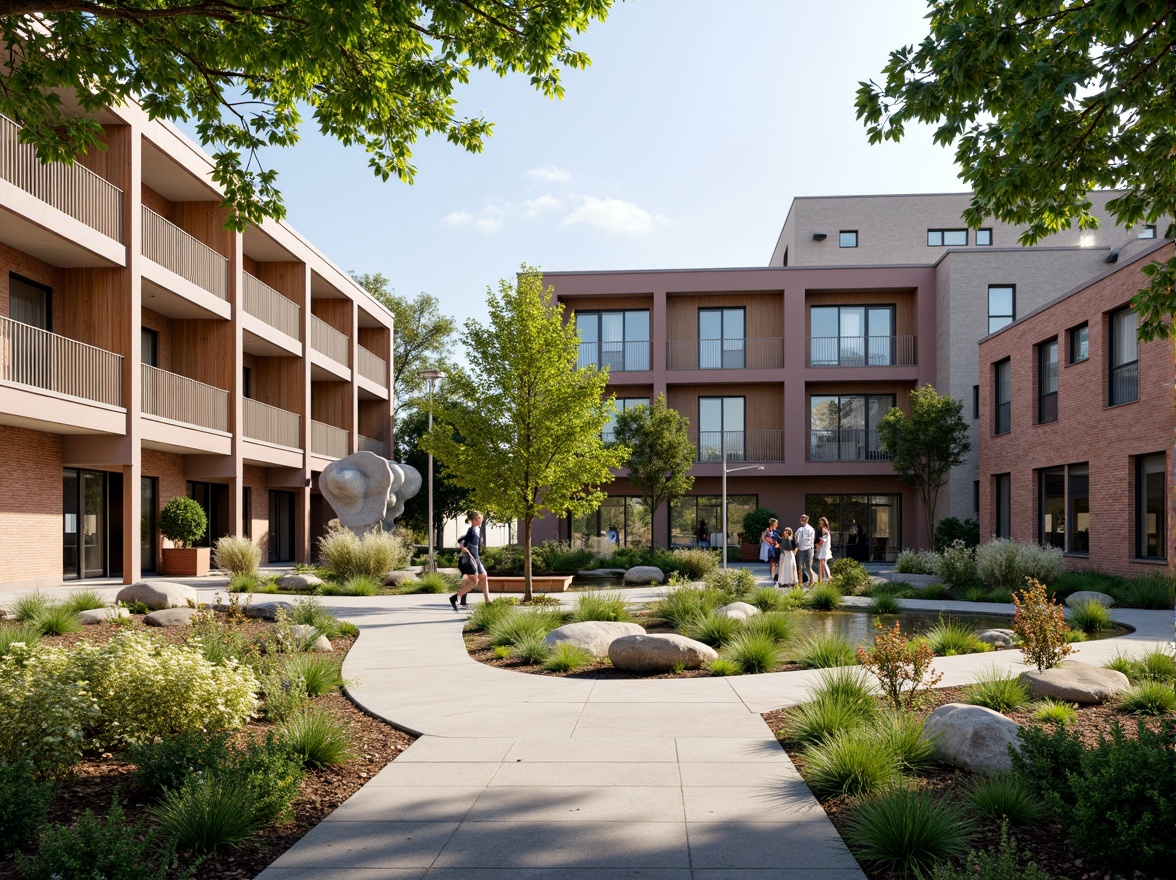 Prompt: Vibrant campus landscape, fusion of modern and traditional architecture, blend of steel, glass, and concrete structures, exposed brick walls, wooden accents, lush greenery, blooming flowers, natural stone pathways, water features, abstract sculptures, innovative lighting systems, dynamic shadows, 1/2 composition, shallow depth of field, warm afternoon light, realistic textures, ambient occlusion.