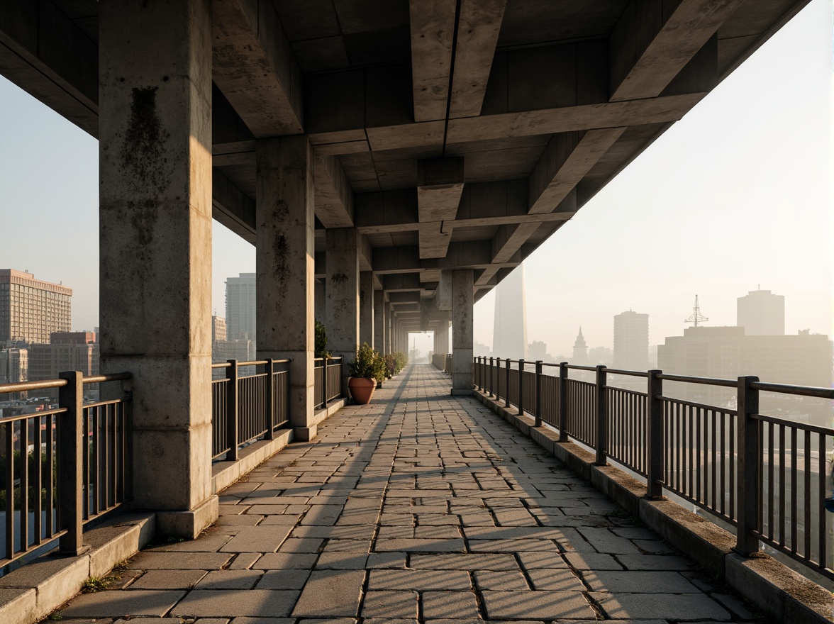 Prompt: Rugged pedestrian bridge, brutalist architecture, raw concrete structures, exposed ductwork, industrial metal railings, weathered steel beams, chunky stone pavers, geometric shapes, angular lines, minimalist design, functional simplicity, urban landscape, city skyline, misty morning, soft warm lighting, shallow depth of field, 3/4 composition, panoramic view, realistic textures, ambient occlusion.