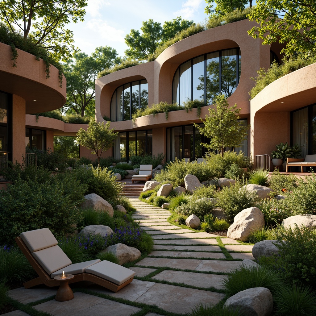 Prompt: Earthen homes, natural materials, curved lines, earthy tones, organic forms, sustainable design, eco-friendly constructions, green roofs, living walls, botanical gardens, lush vegetation, warm ambient lighting, soft shadows, shallow depth of field, 1/1 composition, intimate scale, earth-inspired textures, realistic renderings.