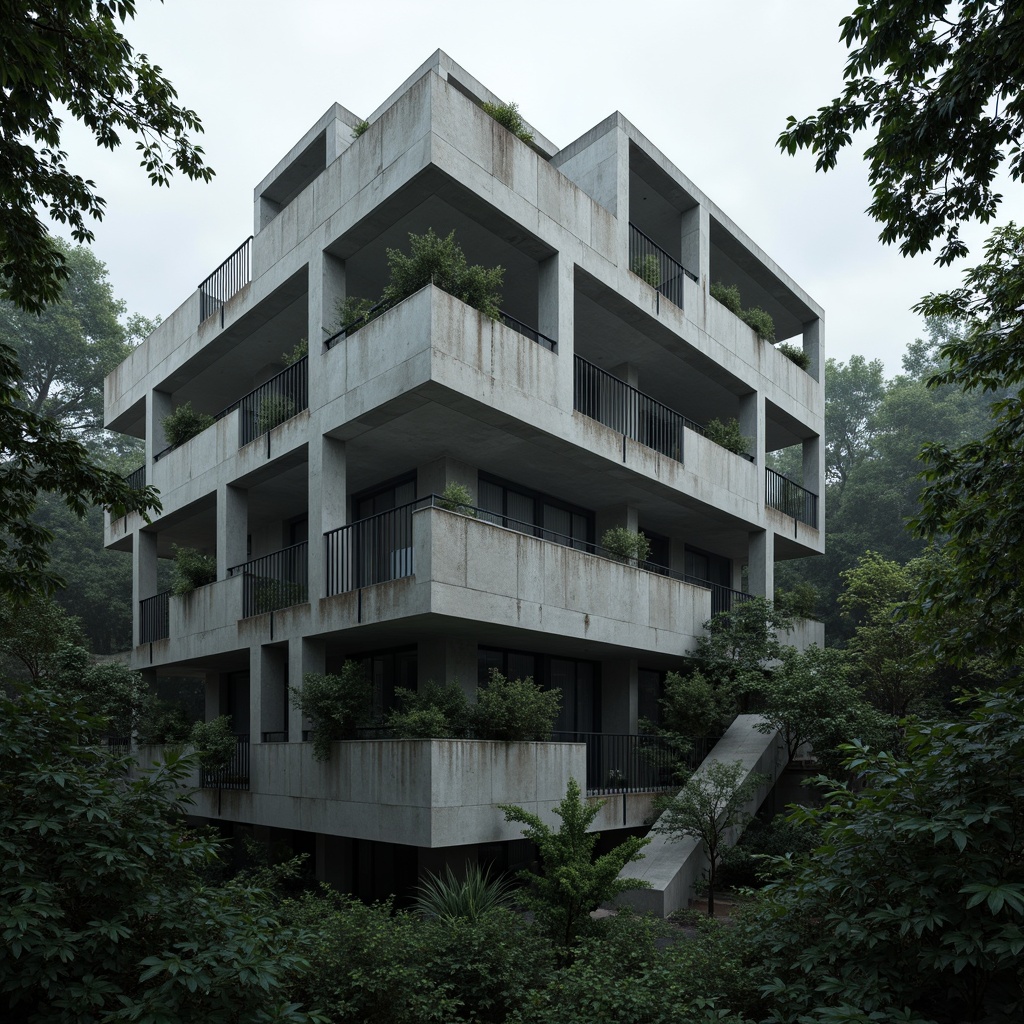 Prompt: Rugged brutalist residential complex, raw concrete walls, bold geometric forms, fortress-like architecture, urban jungle setting, dense foliage, mature trees, overgrown vegetation, industrial-style lighting, dramatic shadows, harsh textures, weathered metal accents, cold color palette, functional minimalism, angular balconies, robust staircases, imposing scale, atmospheric misting, cinematic composition, 2.35