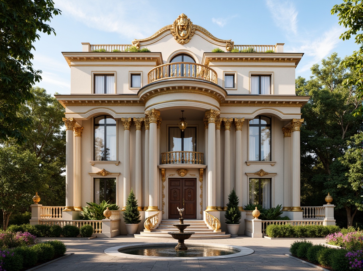 Prompt: Ornate villa facade, Baroque-style grandeur, curved lines, ornamental details, golden accents, marble columns, intricately carved stone, lavish decorations, symmetrical composition, harmonious proportions, soft warm lighting, shallow depth of field, 1/1 composition, realistic textures, ambient occlusion, luxurious outdoor spaces, manicured gardens, serene fountain features, surrounding lush greenery, vibrant blooming flowers.