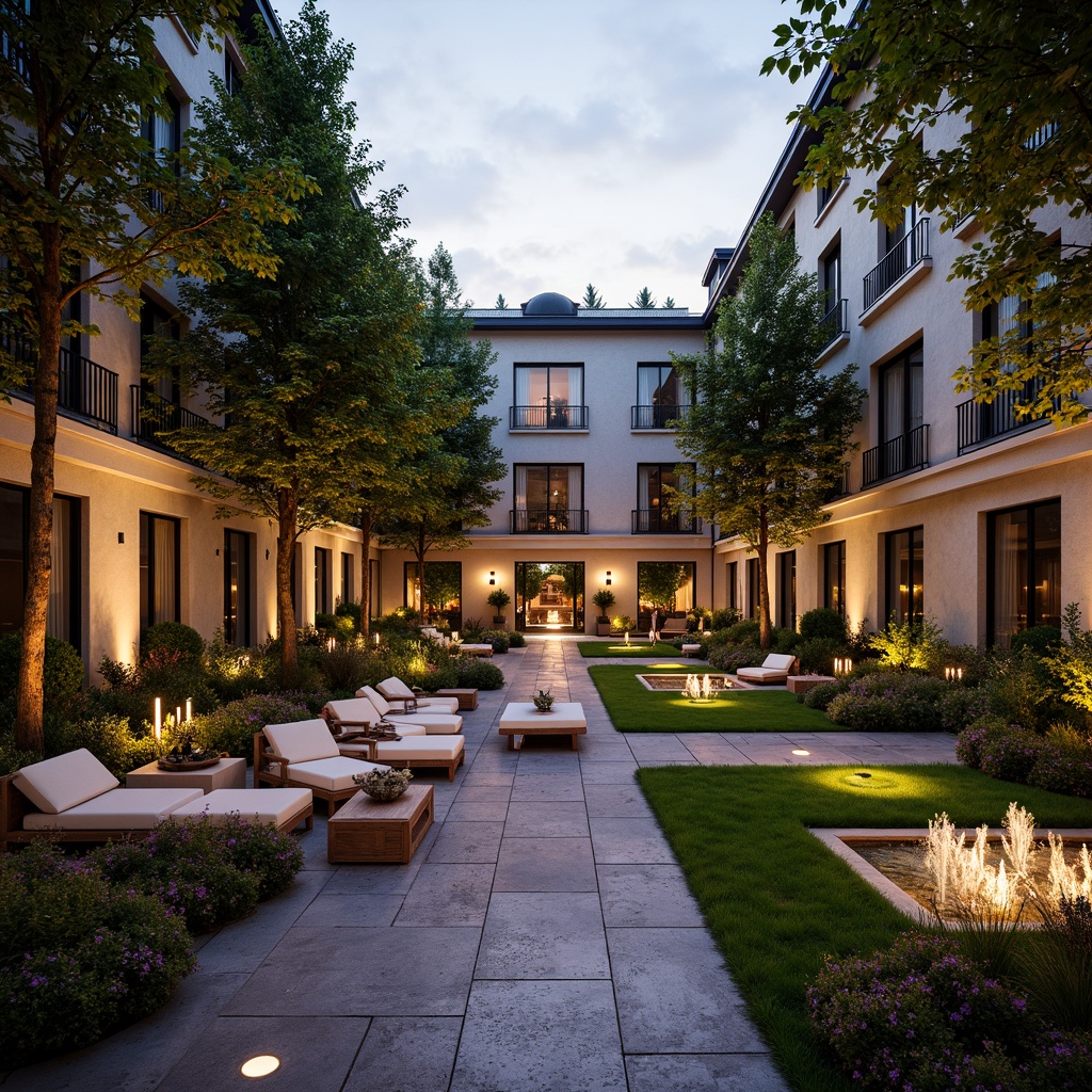 Prompt: Luxurious courtyard, manicured lawn, ornate fountains, refined stone pathways, elegant garden benches, vibrant floral arrangements, tall slender trees, ambient string lighting, warm sunset hues, shallow depth of field, 1/2 composition, symmetrical framing, realistic textures, subtle shading, sophisticated water features, decorative metal railings, lavish outdoor furniture, plush cushions, rich wood accents.