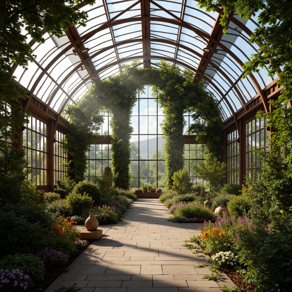 Prompt: Renaissance-style greenhouse, ornate metal framework, curved glass panels, lush greenery, vibrant flowers, climbing vines, rustic wooden beams, terra cotta pots, natural stone flooring, modern roofing techniques, solar panels, rainwater harvesting systems, insulated glazing, clerestory windows, skylights, trellis structures, romantic arbors, soft warm lighting, misty atmosphere, shallow depth of field, 1/1 composition, realistic textures, ambient occlusion.