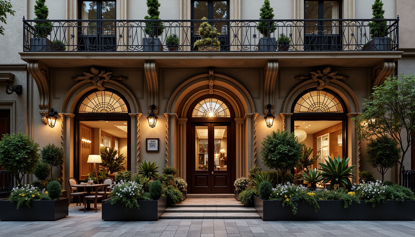 Prompt: Ornate restaurant facade, sinuous lines, flowing curves, organic forms, botanical motifs, stained glass windows, intricate ironwork, ornamental doors, decorative balconies, grand entranceways, soft warm lighting, shallow depth of field, 3/4 composition, panoramic view, realistic textures, ambient occlusion.