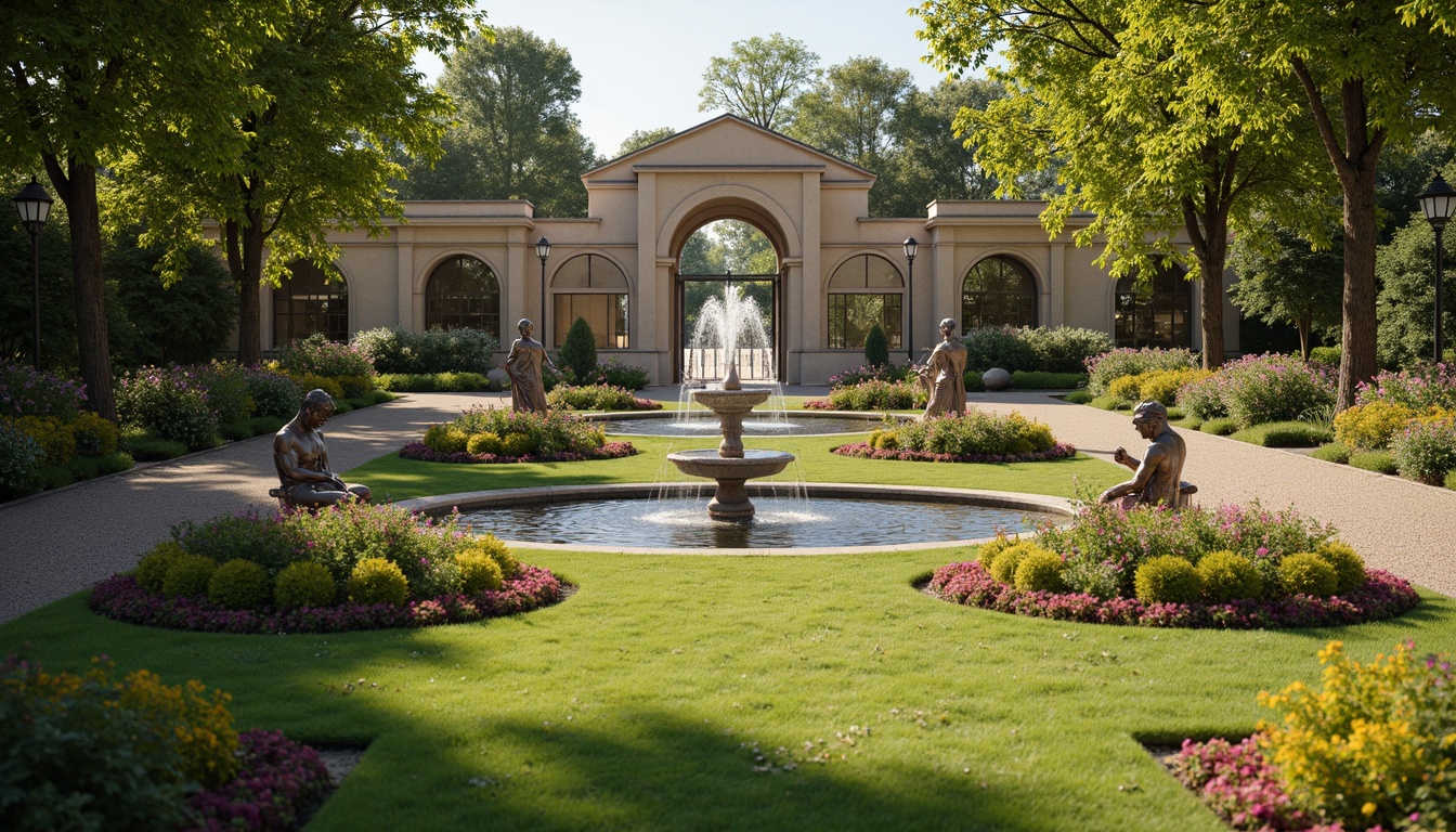 Prompt: Manicured lawn, ornate fountains, statuesque sculptures, symmetrical pathways, blooming flowerbeds, lush greenery, vibrant seasonal plants, elegant street lamps, neoclassical architecture, grand entrance gates, rustic stone walls, weathered bronze ornaments, soft warm lighting, shallow depth of field, 3/4 composition, panoramic view, realistic textures, ambient occlusion.