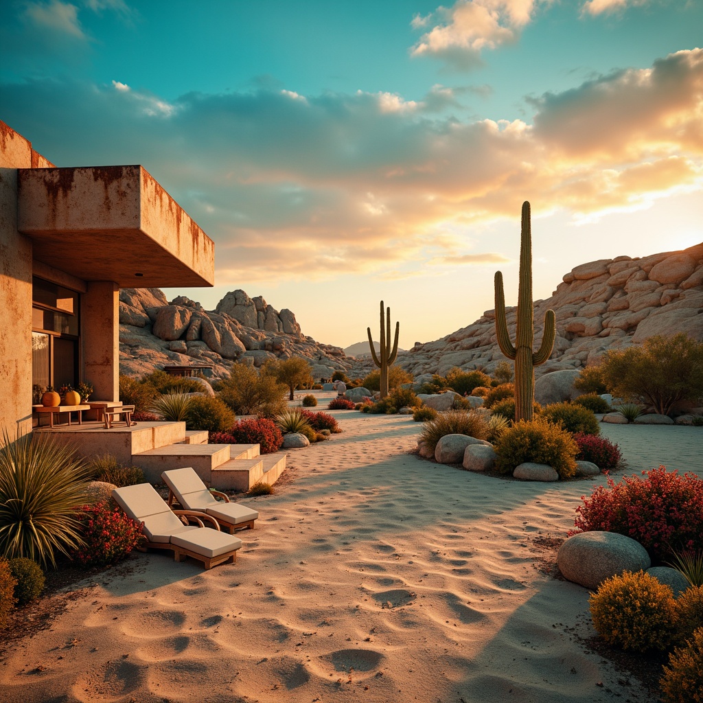 Prompt: Earthy desert landscape, sandy dunes, rocky outcrops, warm beige tones, soft terracotta hues, weathered wood accents, rusted metal details, turquoise blue skies, vibrant cactus flowers, dramatic sunset gradients, golden hour lighting, 1/2 composition, atmospheric perspective, subtle texture overlays.