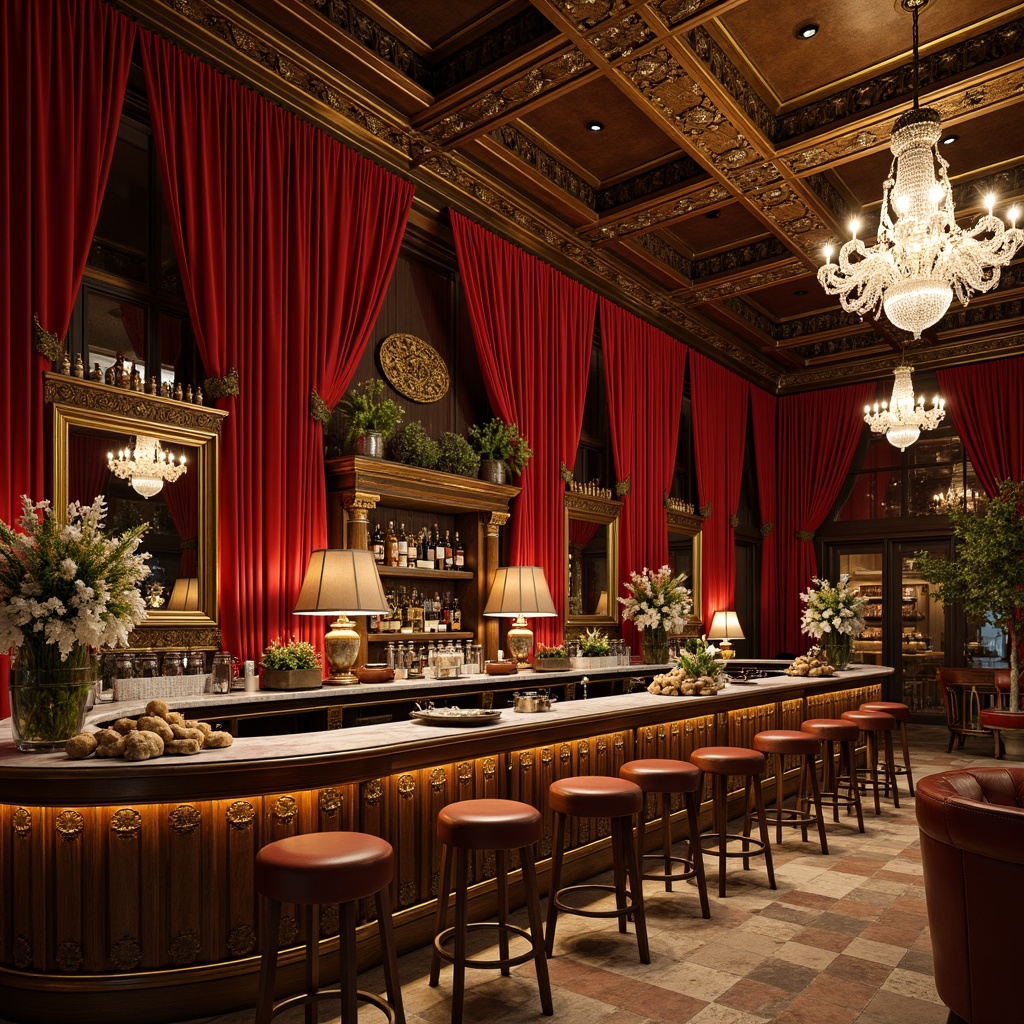 Prompt: Richly ornamented bar interior, lavish velvet drapes, opulent marble countertops, gleaming metallic accents, intricate wooden carvings, grandiose chandeliers, plush leather stools, ornate mirrors, lavish flower arrangements, warm golden lighting, shallow depth of field, 1/1 composition, realistic textures, ambient occlusion.