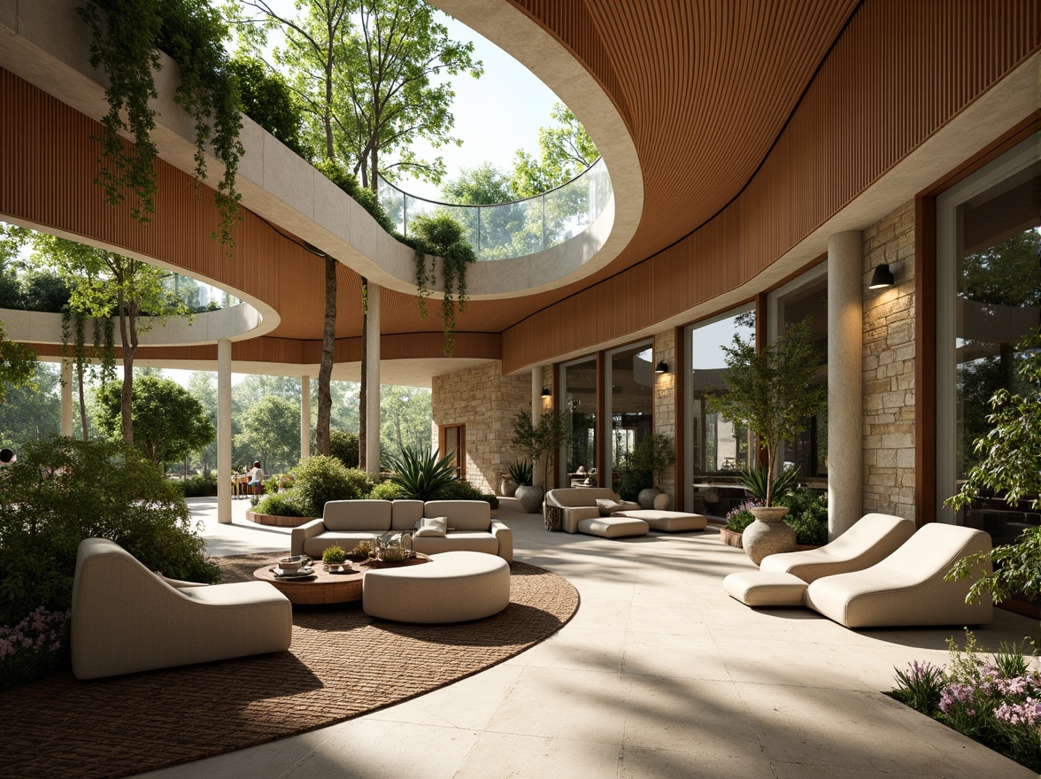 Prompt: Organic forms, flowing curves, botanical inspirations, wooden accents, earthy tones, natural materials, stone walls, living green roofs, vertical gardens, reclaimed wood furniture, minimalist decor, airy open spaces, abundant natural light, soft warm ambiance, shallow depth of field, 3/4 composition, panoramic view, realistic textures, ambient occlusion.