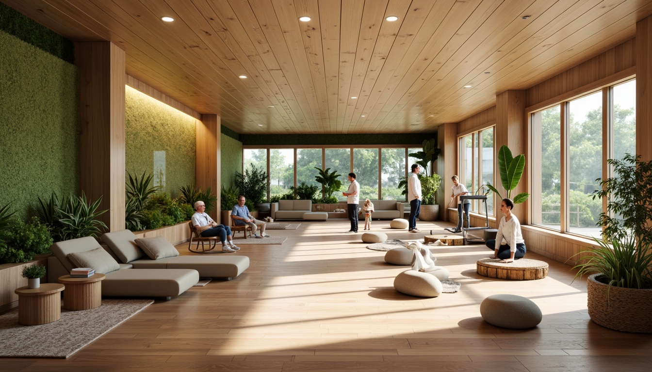 Prompt: Calming rehabilitation center, natural wood flooring, soothing color scheme, comfortable seating areas, adaptive exercise equipment, physical therapy stations, medical consultation rooms, calming aquariums, lush green walls, soft warm lighting, shallow depth of field, 1/2 composition, realistic textures, ambient occlusion.