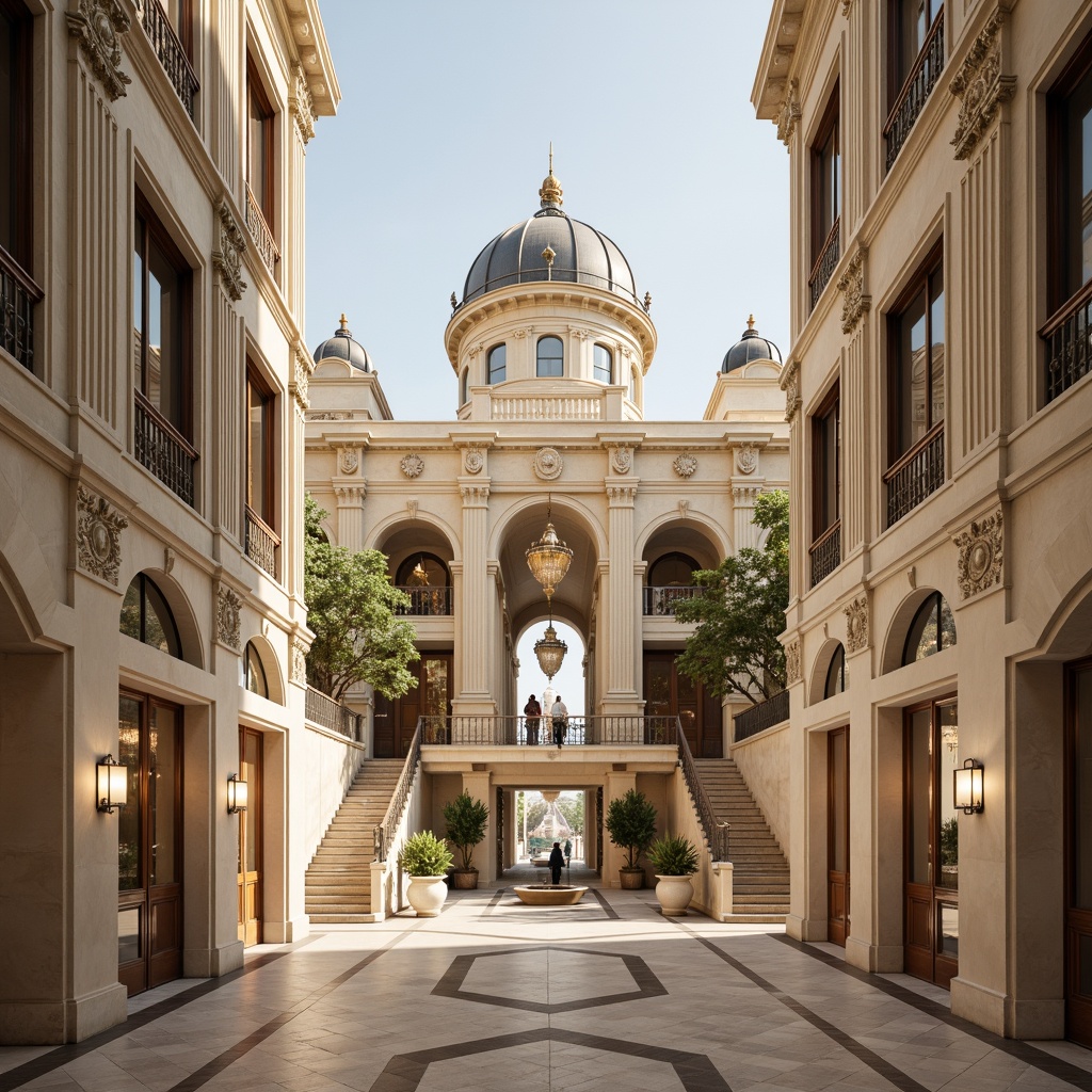 Prompt: Grand neoclassical architecture, symmetrical facade, ornate decorations, classical columns, arches, domes, grandiose entrance, marble floors, elegant staircases, crystal chandeliers, luxurious furnishings, rich textiles, muted color palette, soft natural light, warm beige tones, subtle shadows, 1/1 composition, central axis symmetry, balanced arrangement, harmonious proportions, realistic materials, ambient occlusion.