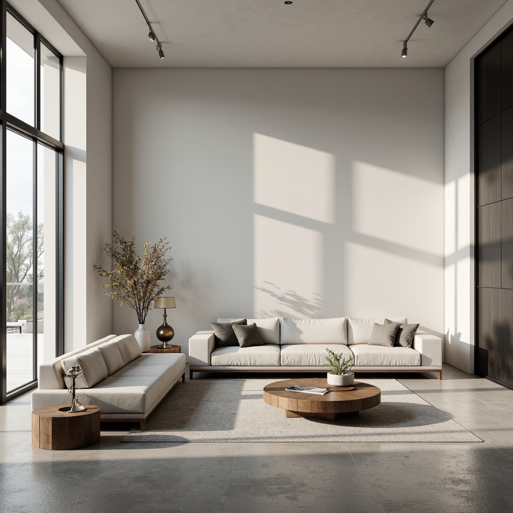 Prompt: Sleek living room, sparse decor, neutral color palette, monochromatic walls, polished concrete floors, minimalist furniture, low-profile sofas, geometric coffee tables, industrial metal lamps, subtle textures, natural light pouring in, soft diffused lighting, 1/1 composition, symmetrical framing, realistic reflections, ambient occlusion.