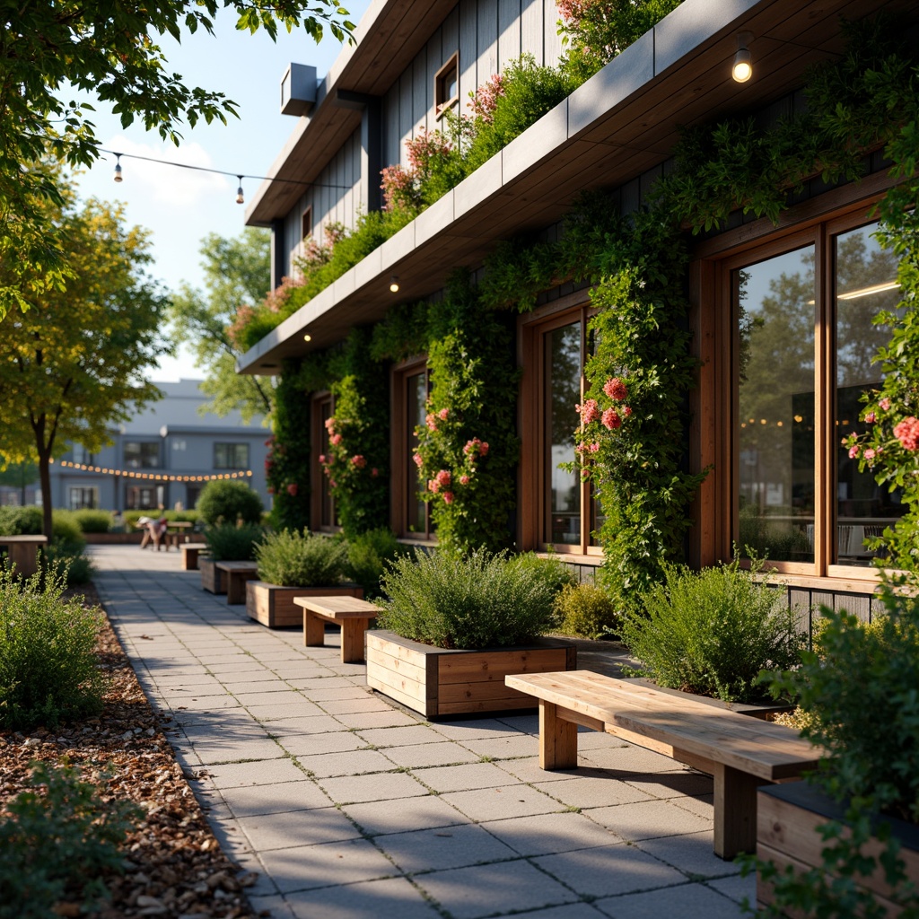 Prompt: Cozy coffee shop exterior, lush green walls, vibrant flower arrangements, reclaimed wood accents, rustic metal benches, outdoor seating areas, warm string lights, natural stone pathways, modern minimalist architecture, large glass windows, sliding doors, urban jungle atmosphere, sunny afternoon, soft warm lighting, shallow depth of field, 3/4 composition, panoramic view, realistic textures, ambient occlusion.