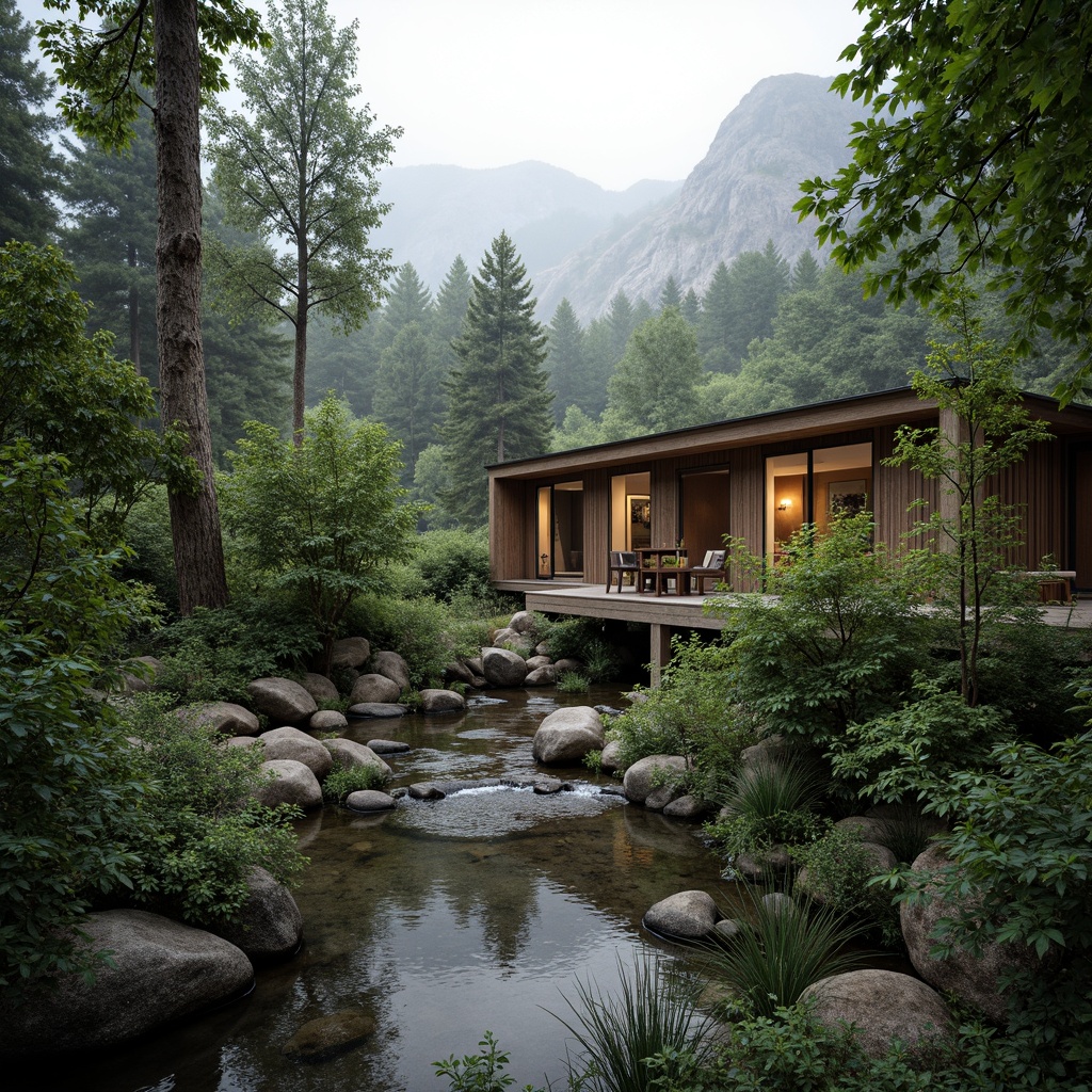 Prompt: Mountainous terrain, lush green forests, serene lakeside, meandering hiking trails, rustic wooden bridges, natural stone walls, earthy color palette, organic architecture, blending with surroundings, minimalist modern design, floor-to-ceiling windows, sliding glass doors, warm cozy lighting, soft misty atmosphere, 1/1 composition, shallow depth of field, realistic textures, ambient occlusion.