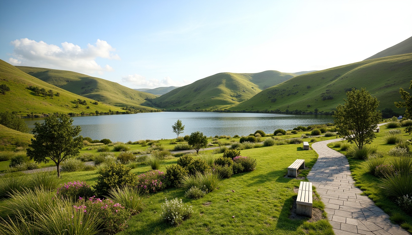 Prompt: Rolling hills, lush green meadows, serene lakeside, walking trails, natural stone pathways, wooden benches, bird-watching stations, scenic lookout points, native plant species, blooming wildflowers, warm sunny day, soft diffused lighting, atmospheric perspective, 2/3 composition, panoramic view, realistic textures, ambient occlusion, modern eco-friendly design, sustainable landscape management, rainwater harvesting systems, permeable pavement, green roofs, innovative irrigation technologies.