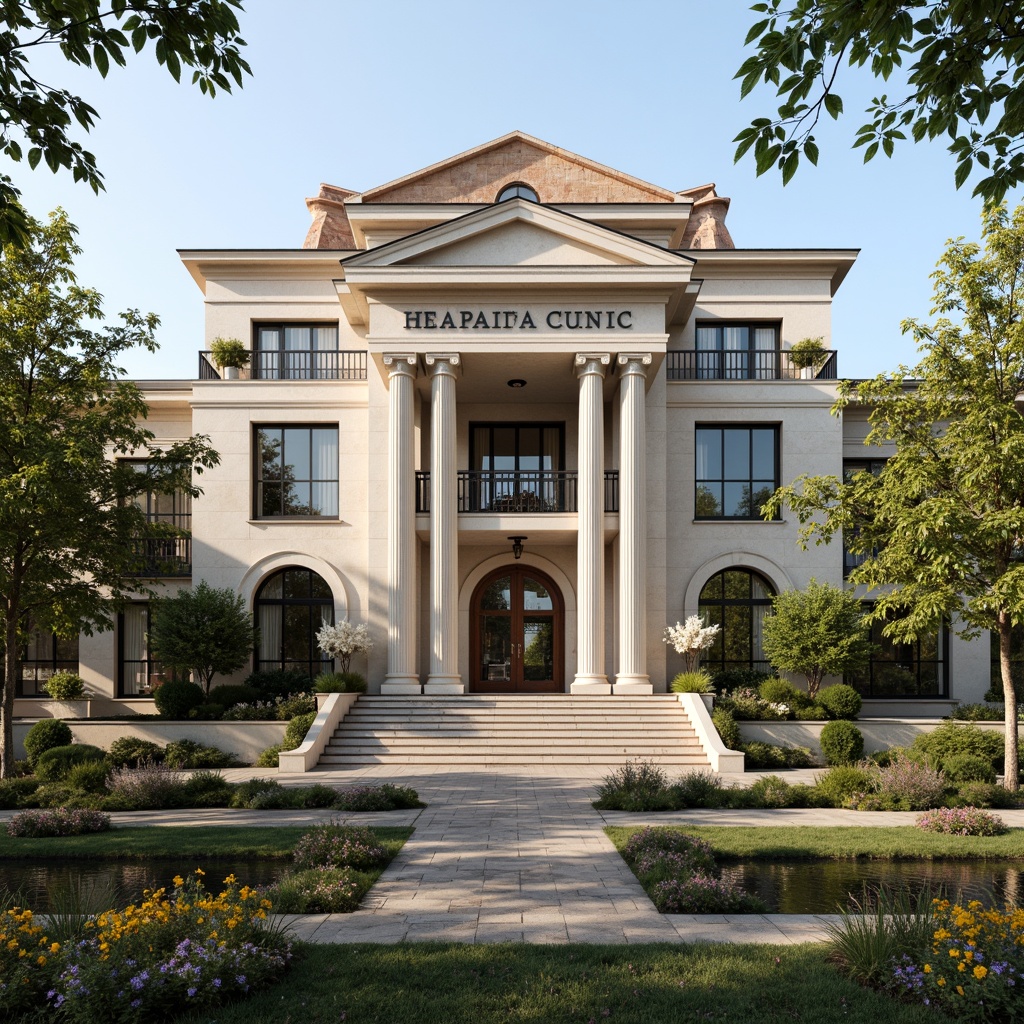 Prompt: Grand clinic entrance, ornate columns, symmetrical facade, rusticated base, decorative pilasters, arched windows, classical pediments, limestone cladding, subtle cornice details, elegant roof balustrades, serene natural surroundings, lush greenery, blooming flowers, peaceful water features, warm sunny day, soft diffused lighting, shallow depth of field, 3/4 composition, realistic textures, ambient occlusion.