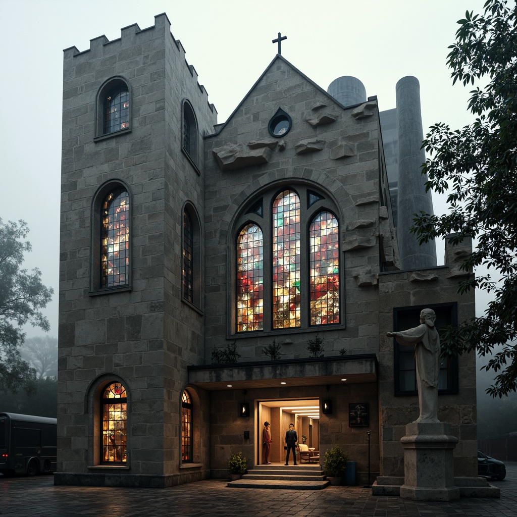 Prompt: Deconstructed church facade, fragmented stone walls, irregularly shaped stained glass windows, dramatic asymmetrical composition, bold cantilevered rooflines, abstract sculptural elements, oxidized metal accents, distressed wood textures, moody atmospheric lighting, misty morning ambiance, shallow depth of field, 1/2 composition, wide-angle lens, high-contrast monochrome colors, rich ornate details, intricate stone carvings, Gothic-inspired arches, dramatic verticality, mystical spiritual atmosphere.