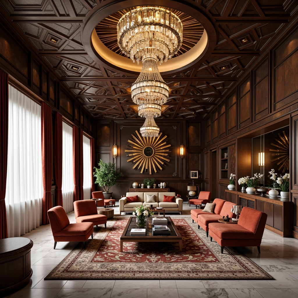 Prompt: Luxurious living room, ornate metalwork, geometric patterns, lavish furnishings, velvet upholstery, crystal chandeliers, marble floors, rich wood tones, opulent drapery, statement walls, metallic accents, bold color schemes, sunburst motifs, chevron designs, curved lines, glamorous lighting, soft focus, 1/1 composition, warm atmosphere.