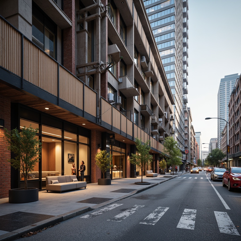 Prompt: Sleek modern buildings, industrial chic aesthetic, exposed brick walls, metallic accents, reclaimed wood features, concrete floors, steel beams, minimalist decor, functional pipes, urban cityscape, busy streets, morning fog, soft natural light, shallow depth of field, 1/2 composition, realistic textures, ambient occlusion.