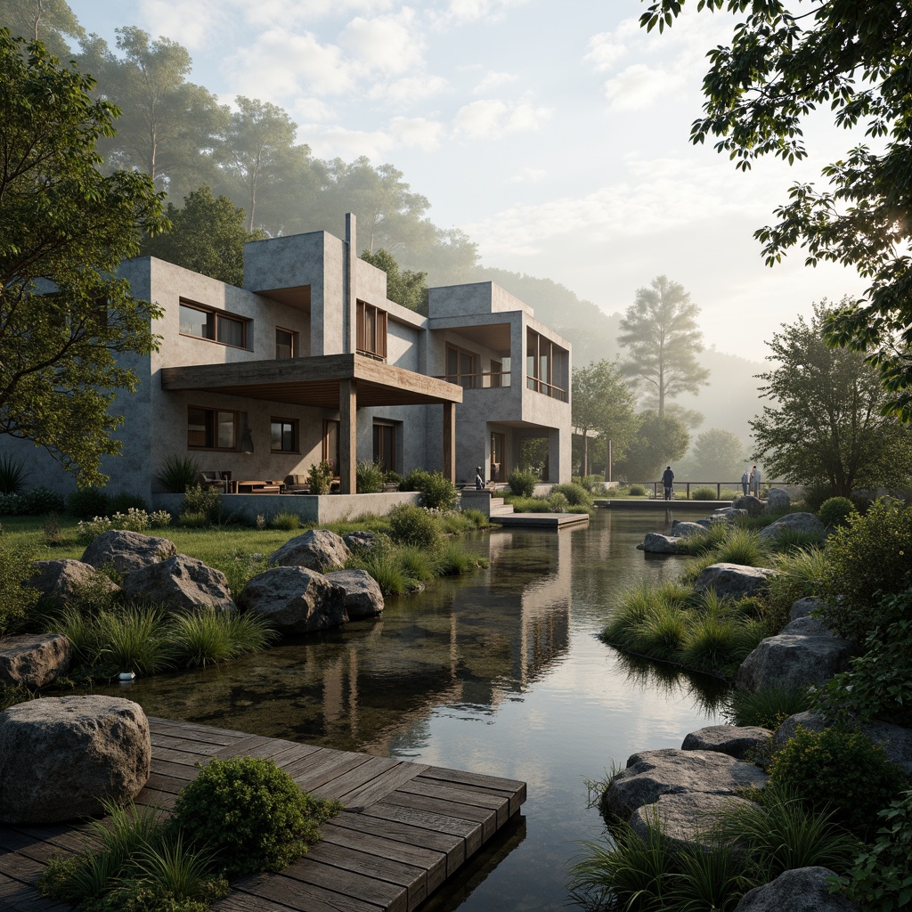 Prompt: Rustic villa, brutalist architecture, weathered concrete walls, rugged stone foundations, wild wetland vegetation, misty mornings, tranquil water features, native aquatic plants, wooden boardwalks, elevated views, panoramic vistas, dramatic skies, warm natural light, shallow depth of field, 1/2 composition, cinematic perspective, realistic textures, ambient occlusion.