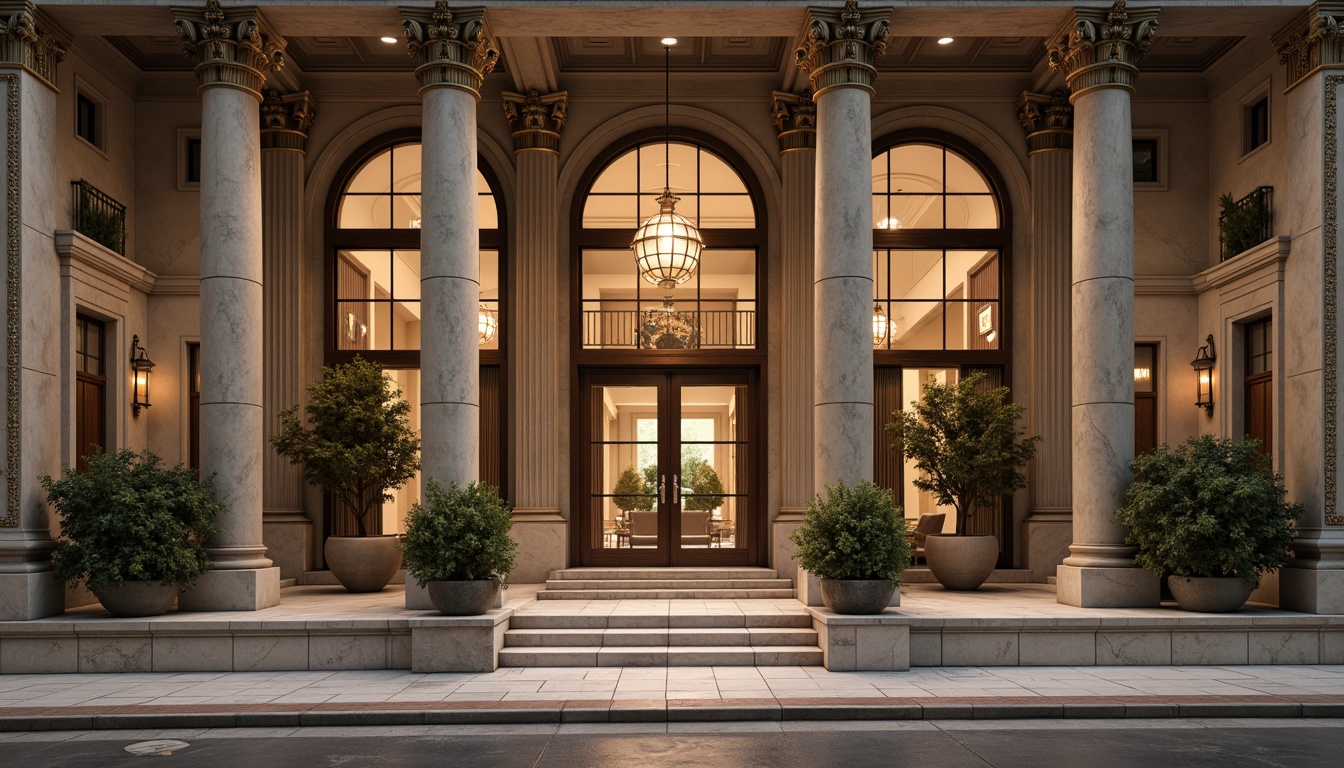 Prompt: Elegant neoclassical building facade, Corinthian columns, ornate capitals, intricate carvings, symmetrical composition, grand entrance, arched windows, rusticated bases, polished marble floors, high ceilings, ornate chandeliers, subtle warm lighting, 1/2 composition, shallow depth of field, realistic textures, ambient occlusion.