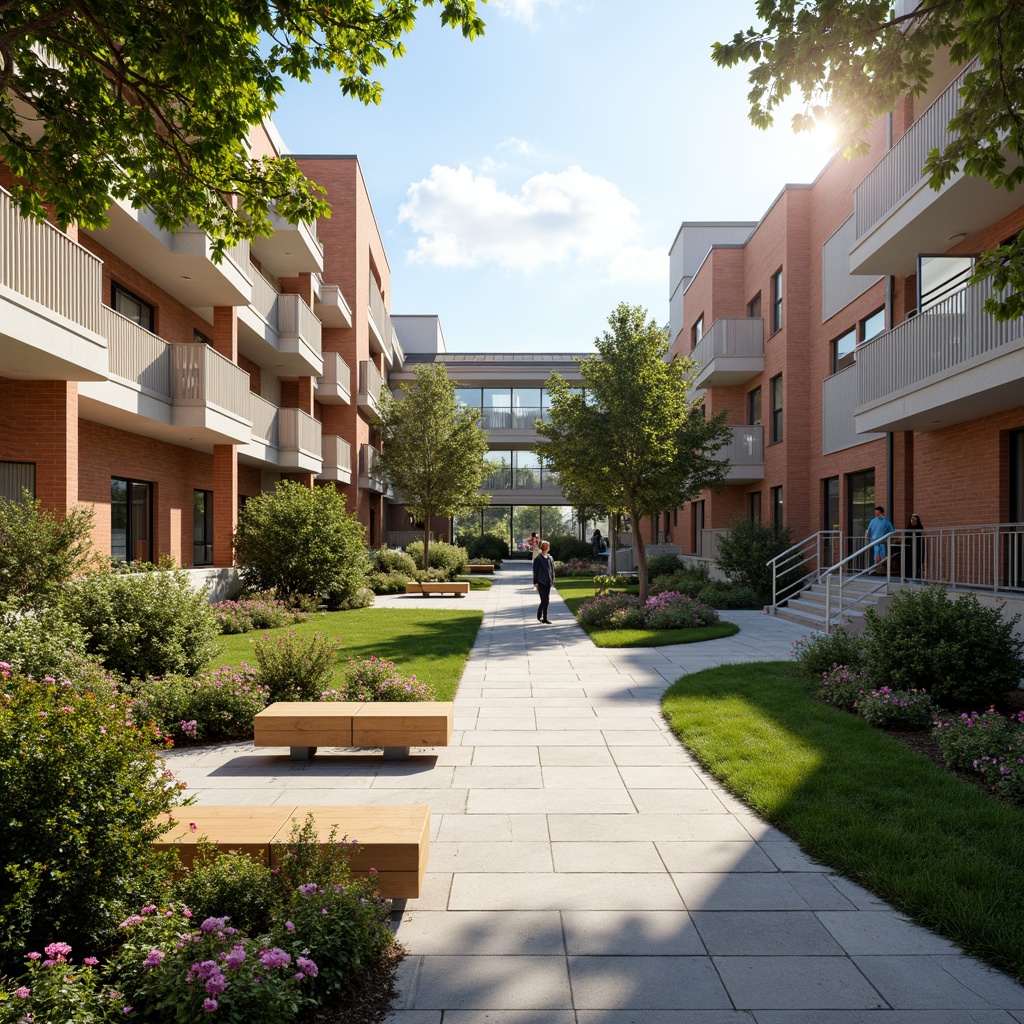 Prompt: Vibrant campus courtyard, lush greenery, blooming flowers, meandering walkways, modern fusion architecture, sleek metal railings, minimalist benches, educational signage, natural stone flooring, glass canopies, warm sunny day, soft diffused lighting, shallow depth of field, 3/4 composition, panoramic view, realistic textures, ambient occlusion, eclectic mix of materials, curved lines, futuristic elements, sustainable design, eco-friendly materials, innovative water features, shaded outdoor spaces, misting systems.