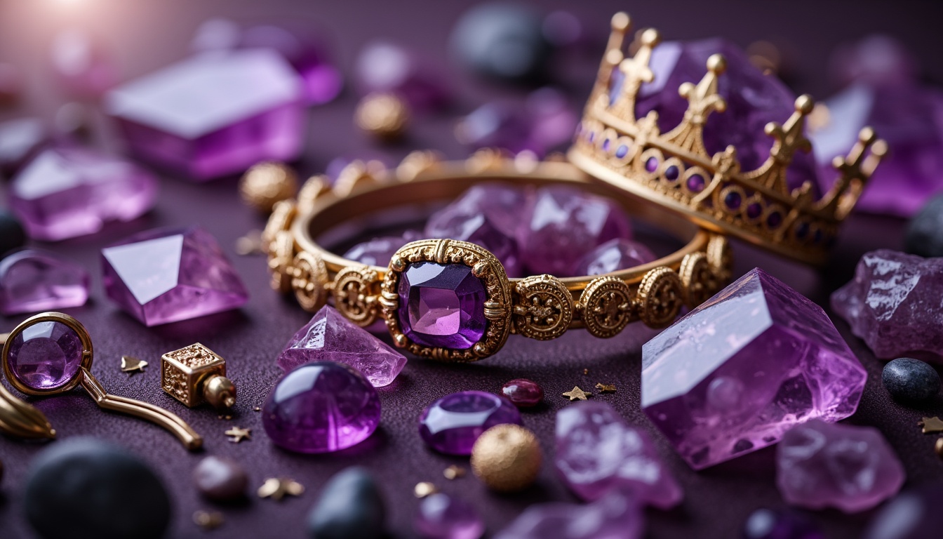 Prompt: Luxurious amethyst elements, rich purple hues, subtle pink undertones, metallic gold accents, ornate decorative patterns, regal crowns, lavish jewelry, mystical crystal formations, velvety smooth textures, soft warm lighting, shallow depth of field, 1/1 composition, realistic reflections, ambient occlusion.