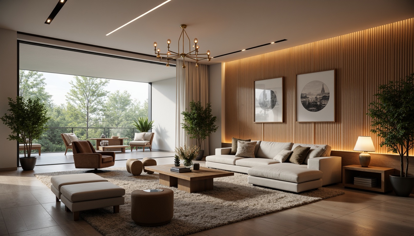 Prompt: Cozy living room, plush sofas, wooden coffee tables, floor lamps, modern minimalist decor, neutral color palette, soft warm lighting, shallow depth of field, 3/4 composition, panoramic view, realistic textures, ambient occlusion, spacious open-plan layout, functional storage solutions, ergonomic furniture design, acoustic ceiling panels, sound-absorbing materials, natural ventilation systems, air-purifying plants, calming artwork, elegant chandeliers, refined metallic accents.