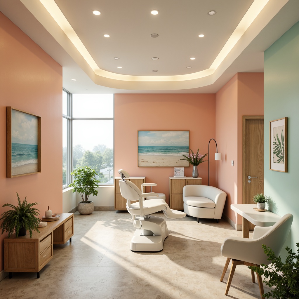 Prompt: Calming dental clinic atmosphere, soft peach walls, gentle mint green accents, creamy white furniture, warm beige floors, natural wood textures, minimal ornamentation, subtle LED lighting, serene ocean-inspired artwork, calming soundscapes, peaceful botanical prints, warm task lighting, comfortable patient lounges, soothing color scheme, gentle curves, organic shapes, non-threatening medical equipment, futuristic dental chairs, modern minimalist design, airy open spaces, plenty of natural light, soft shadows, shallow depth of field, 1/2 composition.