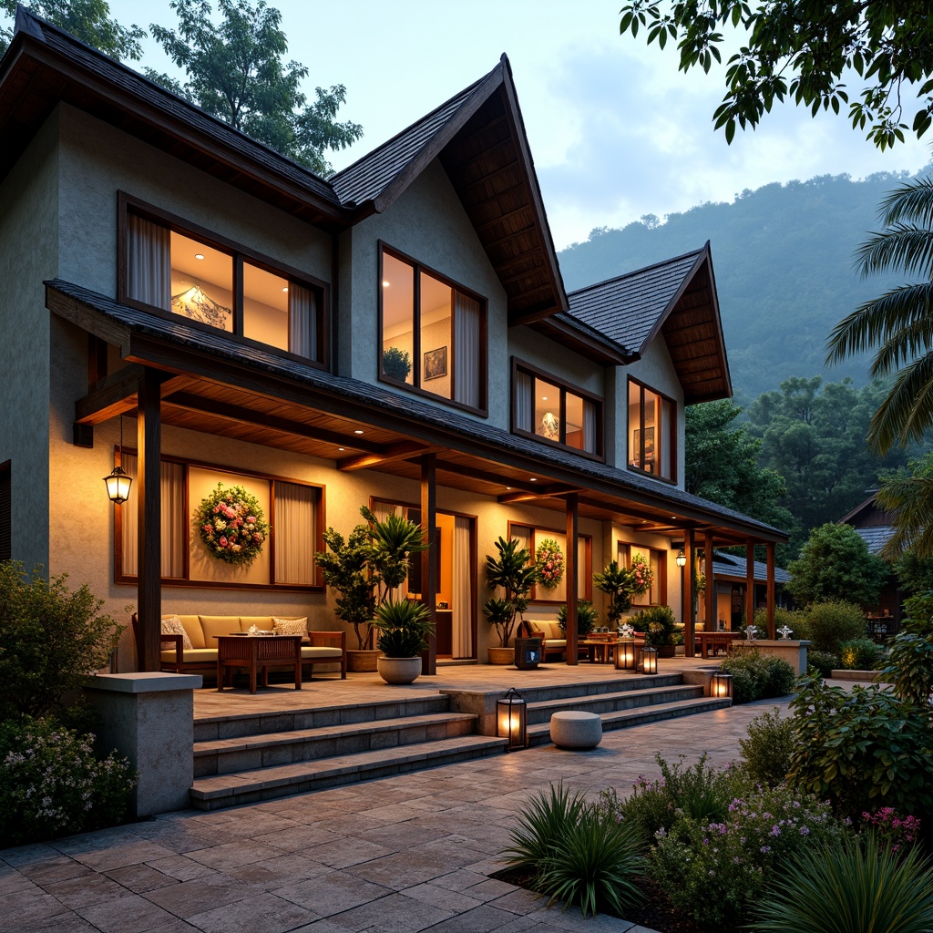 Prompt: \Rustic regionalism hotel facade, earthy tones, natural stone walls, wooden accents, steeply pitched roofs, ornate eaves, vibrant floral patterns, local cultural motifs, warm golden lighting, cozy outdoor seating areas, lantern-style lamps, lush greenery, tropical plants, scenic mountain views, misty morning atmosphere, shallow depth of field, 1/1 composition, realistic textures, ambient occlusion.\