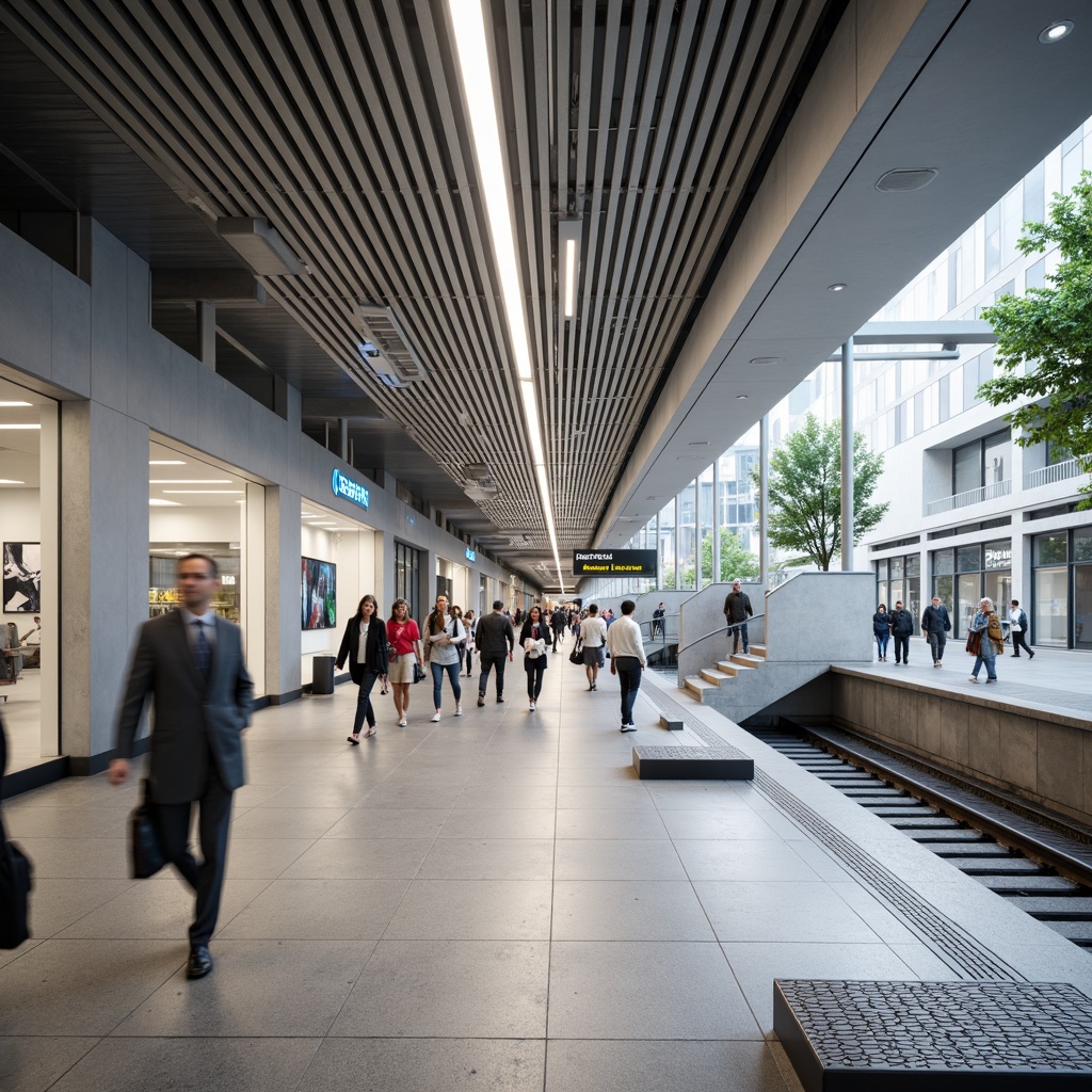 Prompt: Modern metro station, sleek minimalistic design, clean lines, neutral color palette, polished concrete floors, stainless steel railings, simple signage, efficient lighting systems, ample natural light, airy atmosphere, flowing pedestrian traffic, rush hour crowds, urban soundscape, subtle branding elements, geometric patterned seats, durable materials, functional layouts, intuitive wayfinding, calm ambiance, soft indirect lighting, shallow depth of field, 3/4 composition, realistic textures.