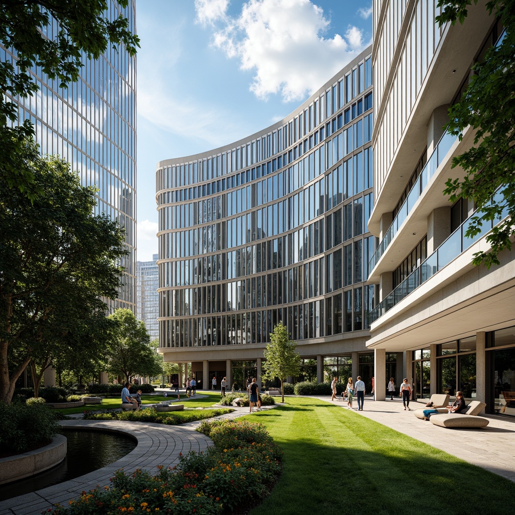 Prompt: Luxurious bank headquarters, sleek modernist architecture, curved lines, glass fa\u00e7ade, reflective surfaces, manicured lawn, lush greenery, vibrant flowers, ornamental ponds, walking paths, natural stone seating areas, cantilevered canopies, ambient lighting, shallow depth of field, 3/4 composition, panoramic view, realistic textures, subtle color palette, professional signage, international style interior design, marble flooring, wooden accents, minimalist decor, state-of-the-art technology integration.