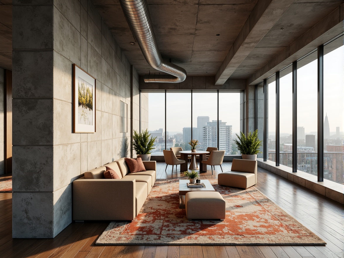 Prompt: Experimental apartment interior, exposed concrete walls, polished metal accents, reclaimed wood flooring, minimalist decor, industrial chic aesthetic, modern furniture design, floor-to-ceiling windows, natural light pouring in, urban cityscape views, 1/1 composition, shallow depth of field, soft warm lighting, realistic textures, ambient occlusion, sustainable building materials, eco-friendly finishes, innovative ventilation systems, air purification technologies, futuristic ambiance.