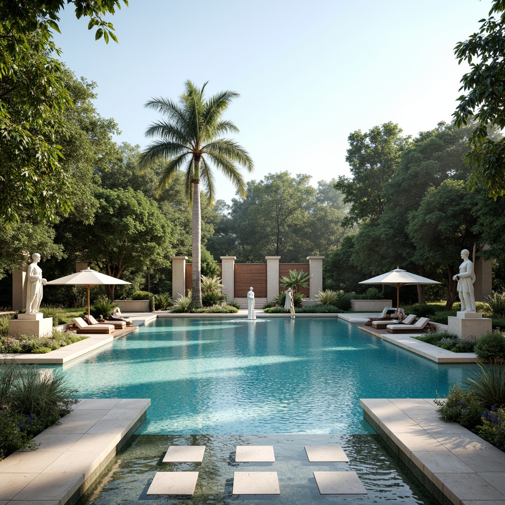 Prompt: Elegant swimming pool, ornate fountains, majestic waterfalls, symmetrical stepping stones, refined coping systems, classical statues, intricate mosaics, soft turquoise water, lush greenery, palm trees, warm sunny day, natural stone decking, subtle lighting effects, 1/2 composition, serene ambiance, realistic reflections, ambient occlusion.