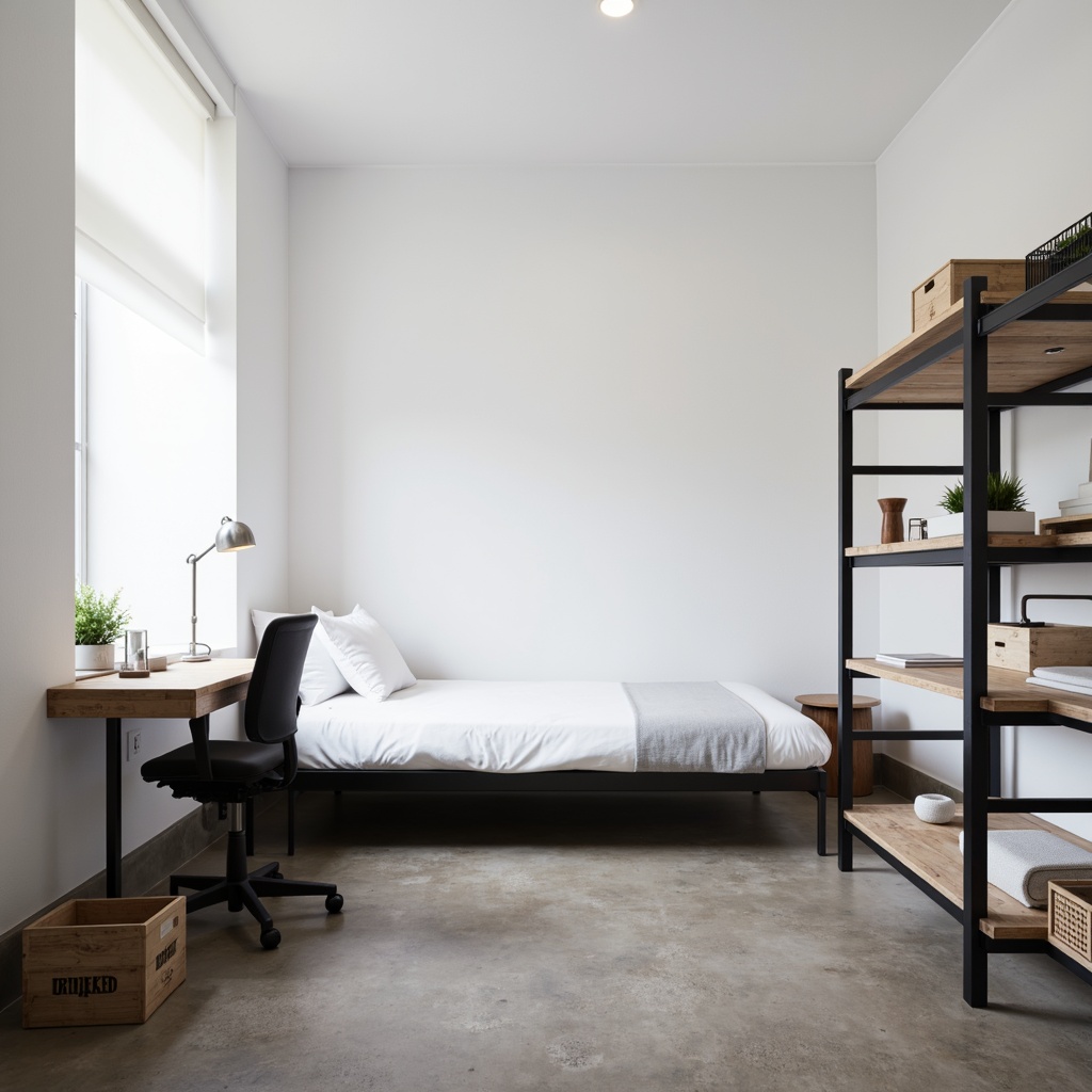 Prompt: Simple dorm room, minimal decor, monochromatic color scheme, clean lines, sparse furniture, single bed, compact desk, ergonomic chair, floor lamp, industrial metal shelving, wooden storage crate, plain white walls, polished concrete floor, natural light, soft shadows, 1/1 composition, intimate atmosphere, subtle textures, ambient occlusion.