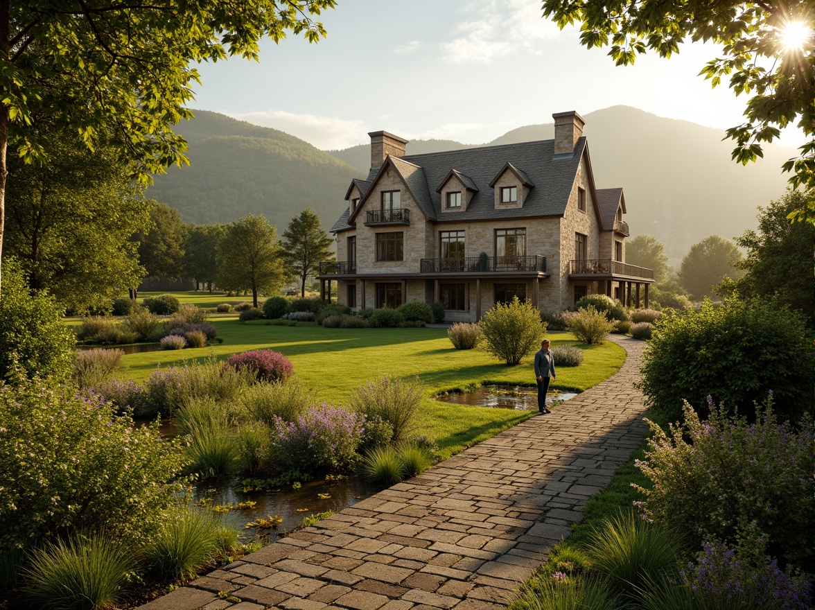 Prompt: Rustic country manor, lush green meadows, winding stone pathways, vibrant blooming flowers, ornate iron gates, rolling hills, serene lake views, misty morning atmosphere, warm golden lighting, shallow depth of field, 3/4 composition, panoramic view, realistic textures, ambient occlusion, natural stone fa\u00e7ades, steeply pitched roofs, turrets, towers, grand entrance halls, ornate wooden doors, stained glass windows, rich velvet fabrics, intricate wood carvings.