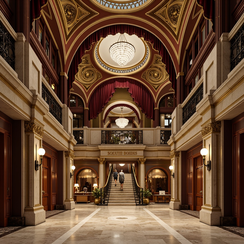 Prompt: Ornate hospitality building facade, grand entrance, curved lines, ornamental details, gilded accents, dramatic archways, sweeping staircases, lavish decorations, rich textiles, velvety drapes, crystal chandeliers, intricate moldings, statuesque columns, carved stone facades, rusticated bases, grandiose scale, symmetrical composition, warm golden lighting, soft focus, 1/2 composition, realistic rendering.