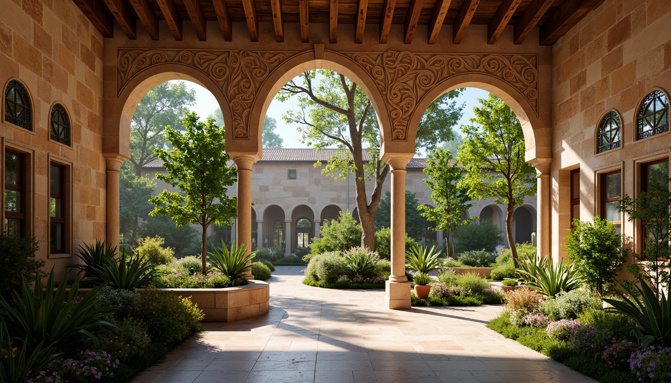 Prompt: Lush botanical gardens, vibrant greenery, warm natural light, ornate stone carvings, grandiose archways, rustic wooden beams, elegant ironwork, soft pastel hues, earthy terracotta tones, rich jewel-toned glass, intricate mosaic patterns, ambient occlusion, subtle warm lighting, shallow depth of field, 2/3 composition, realistic textures, serene atmosphere.