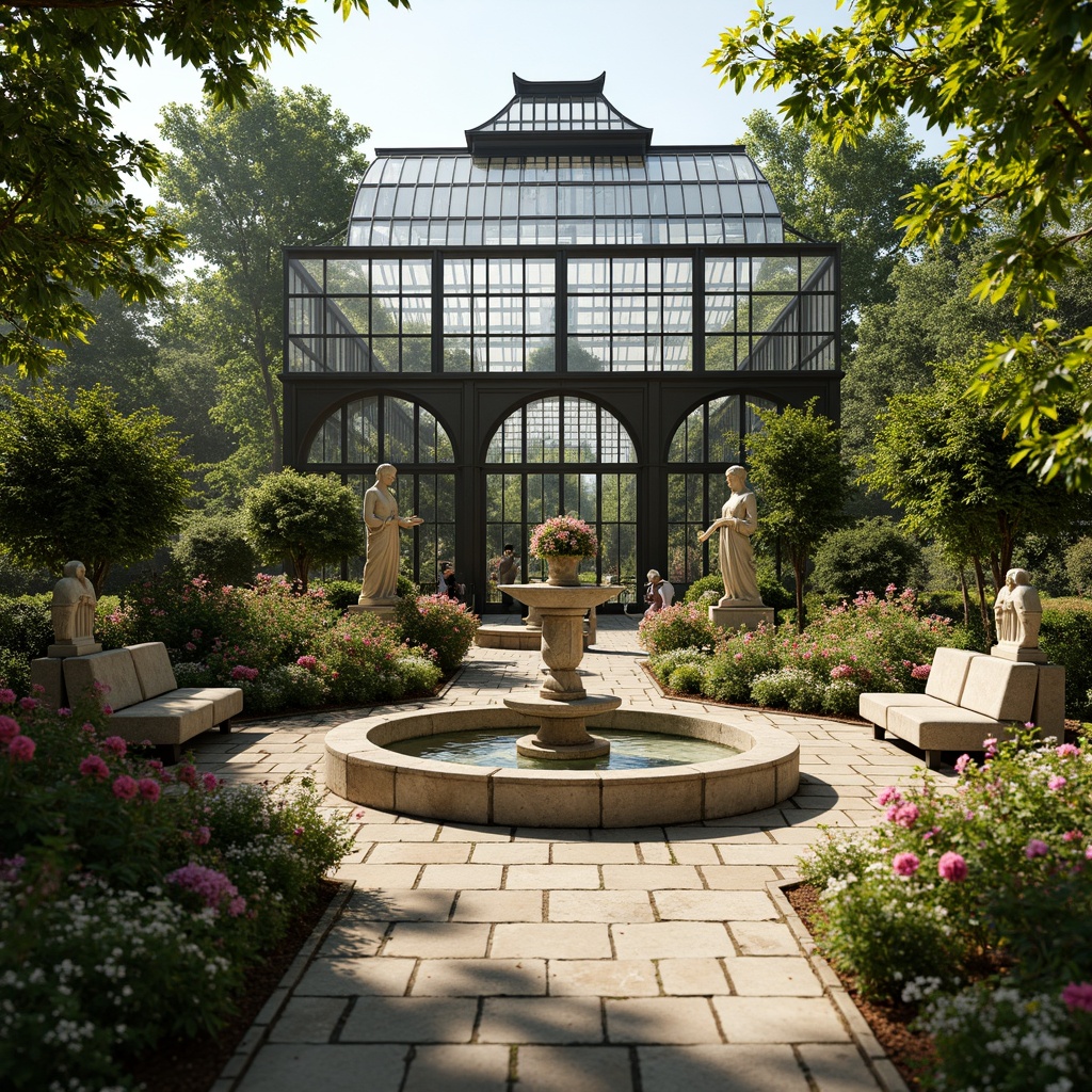 Prompt: Ornate Renaissance-style greenhouse, lush greenery, vibrant flowers, ornamental fountains, meandering stone pathways, rustic wooden benches, trellises with climbing vines, statues of Greek gods, symmetrical garden layouts, topiary trees, fragrant herbs, blooming roses, sunny day, soft warm lighting, shallow depth of field, 3/4 composition, panoramic view, realistic textures, ambient occlusion.